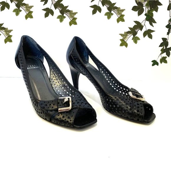 Stuart Weitzman Leather Peep Toe Cutout Heels Cone - Picture 1 of 11